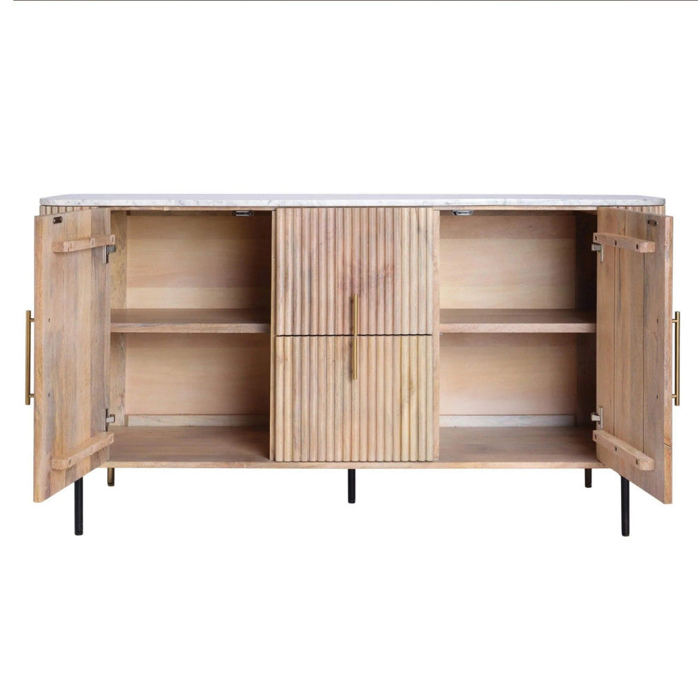 Tulum White Marble Top Buffet, Mango Wood Dining Cabinet, Oval Sideboard Table