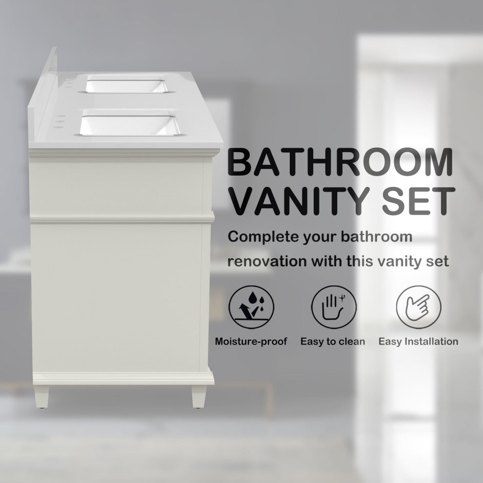 60''Wood Bathroom Vanity Set, With Drawers, Marble Top And Undermount Sink, White