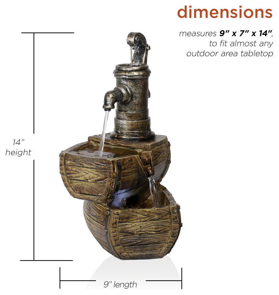 Alpine 2-Tier Water Pump Barrel Fountain With LED Light, 14" Tall