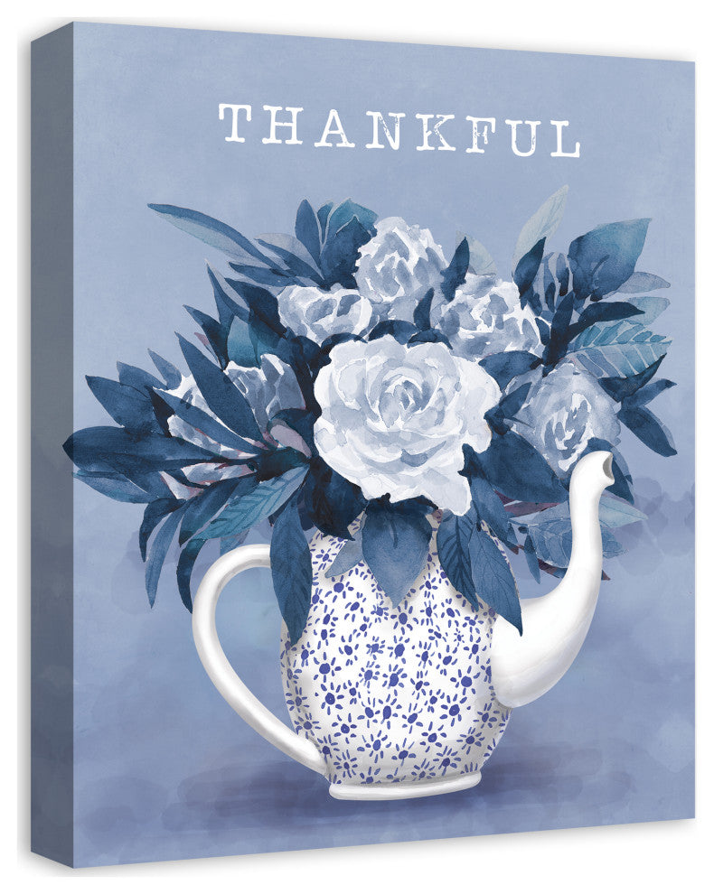 Thankful Teapot With Flowers 16x20 Canvas Wall Art