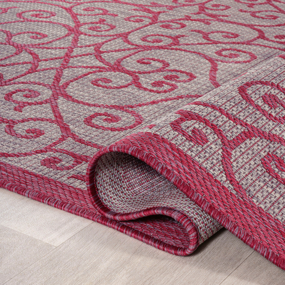 Madrid Vintage Filigree Textured Weave Indoor/Outdoor, Light Gray/Fuchsia, 5' Square