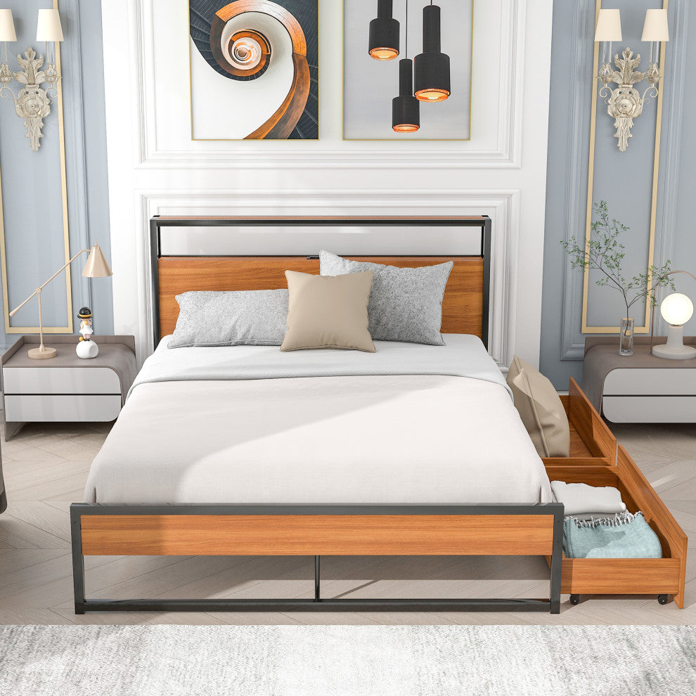 Full/Queen Metal Frame Wood Platform Bed with Two Drawers,Sockets and USB Ports,