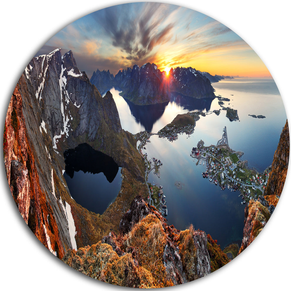 Sunset At Rocky Mountains Norway, Landscape Round Metal Wall Art, 23"