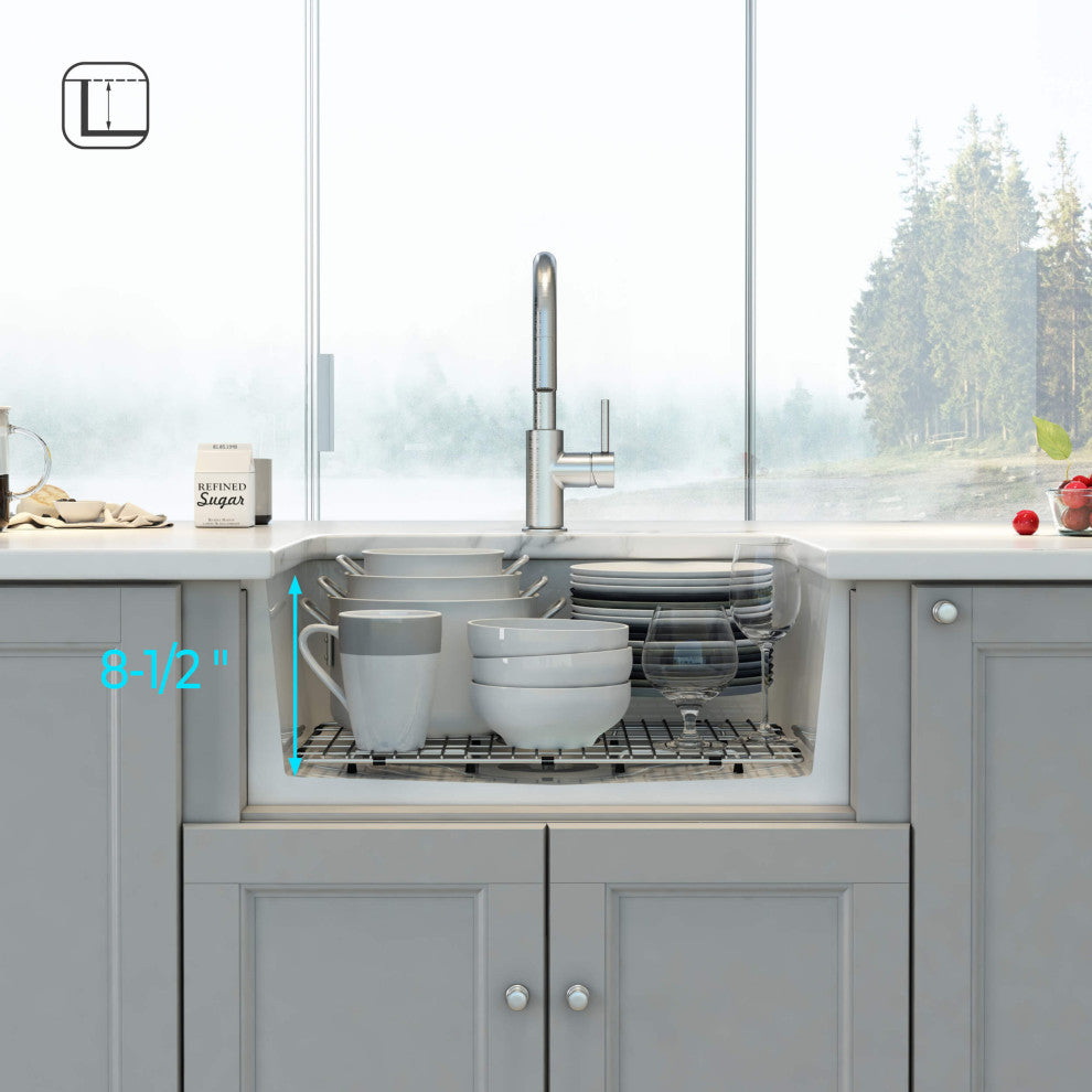 White Fireclay Farmhouse Undermount Kitchen Sink, Bottom Grid and Strain, 27"