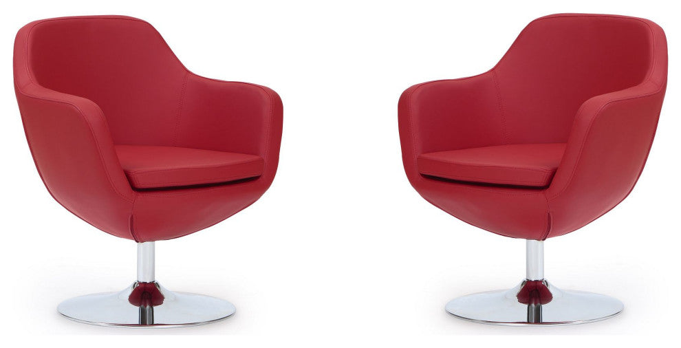 Caisson Faux Leather Swivel Accent Chair in Red and Polished Chrome (Set of 2)