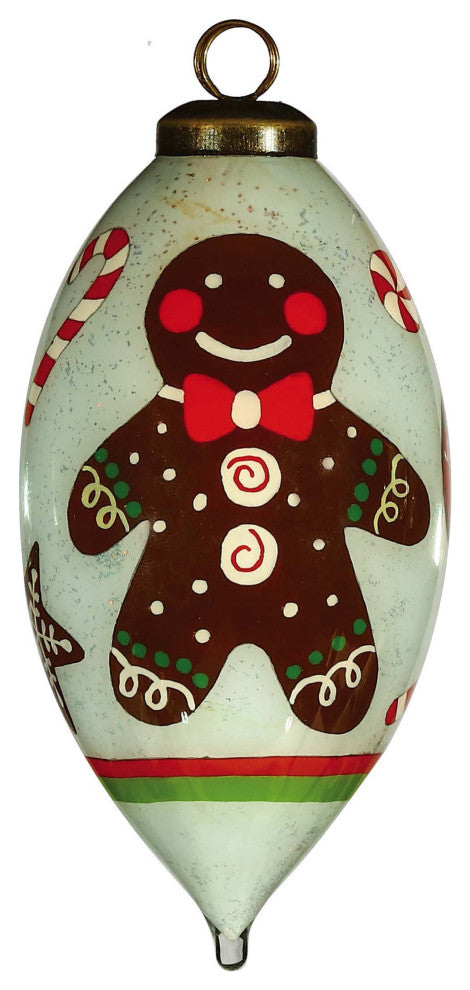 Festive Glitter Gingerbread Man Hand Painted Mouth Blown Glass Ornament