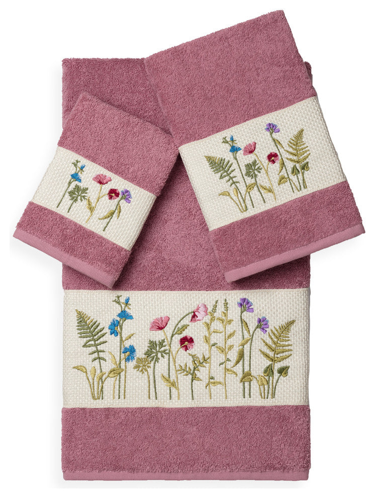 Linum Home Textiles Serenity 3-Piece Embellished Towel Set, Tea Rose