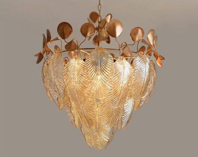 Uster | Glass Leaves Chandelier for Living Room, Cognac