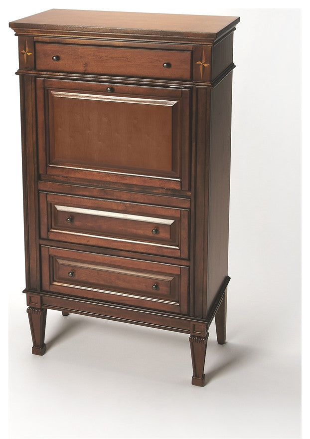 Front-facing full view of the Butler Wordsworth Olive Ash Burl Secretary on a white background with no opened compartments.