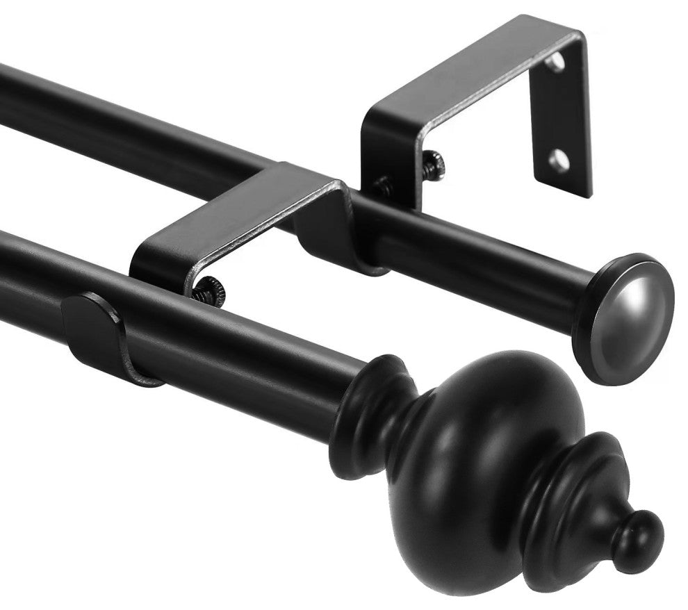 Round Urn Adjustable Double Curtain Rod Set, 5/8", Black, 48"-84"