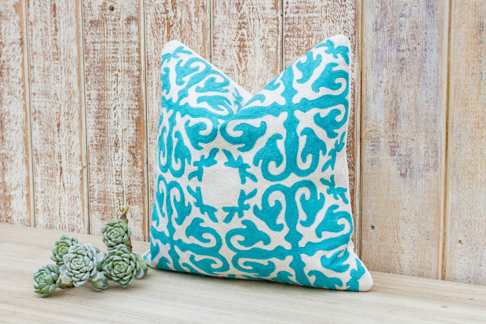 Turquoise & White Moroccan Wool Embroidered Throw Pillow Cover