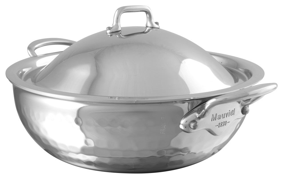Mauviel M'Elite Splayed Saute Pan W/ Lid & Cast Stainless Steel Handles, 3.8-qt