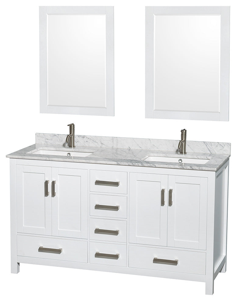 Sheffield 60" White DBL Vanity, Carrara Marble Top, UM Sq Sinks, 24" Mrrs