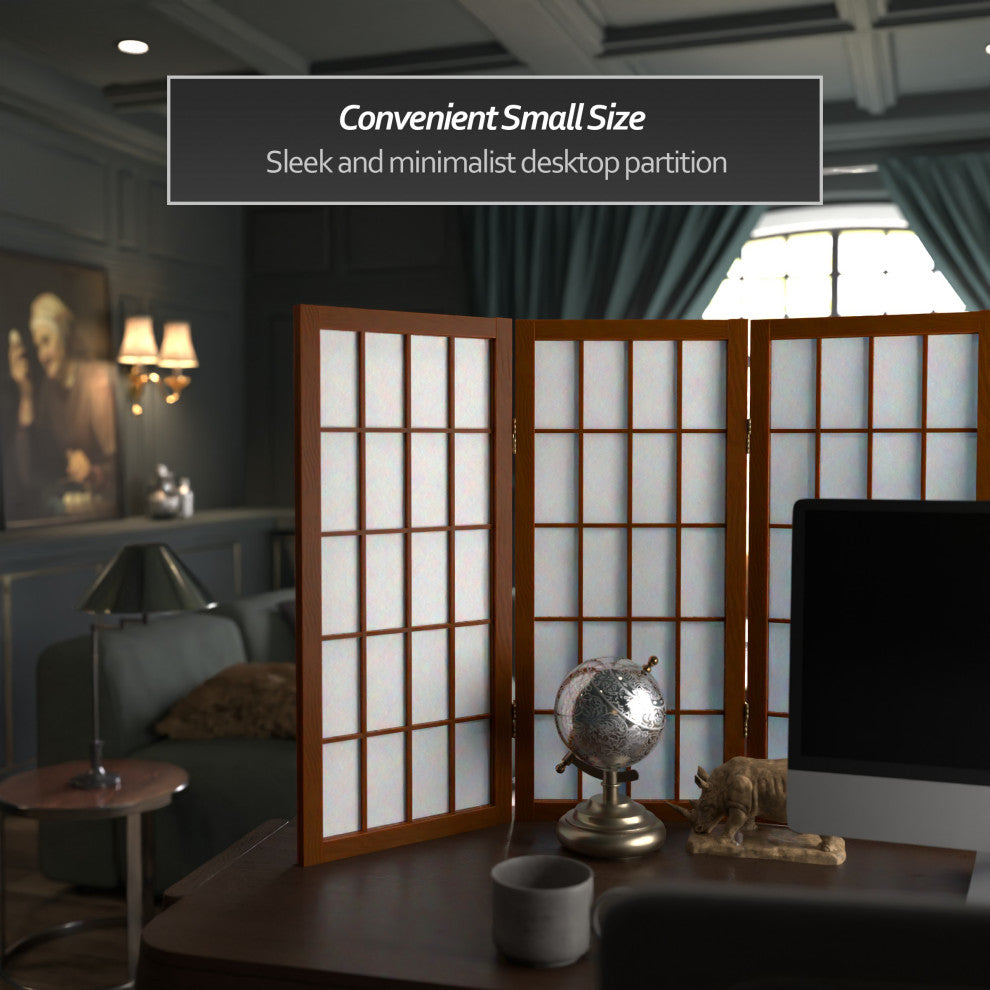 2' Tall Desktop Window Pane Shoji Screen, Walnut, 3 Panels