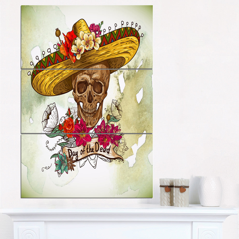 "Skull in Sombrero With Flowers" Digital Metal Wall Art, 3 Panels, 28"x36"