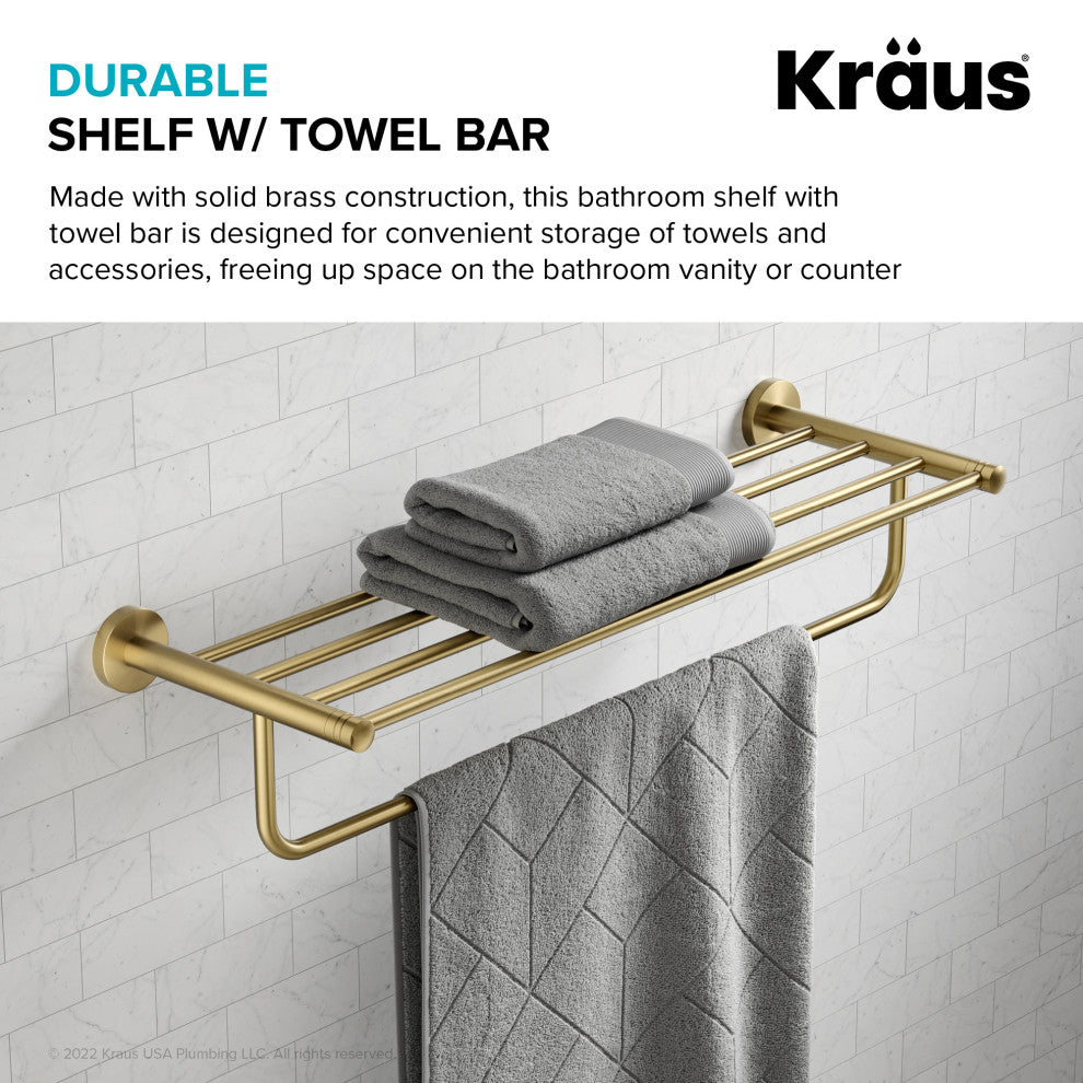Elie Bathroom Shelf With Towel Bar, Brushed Gold