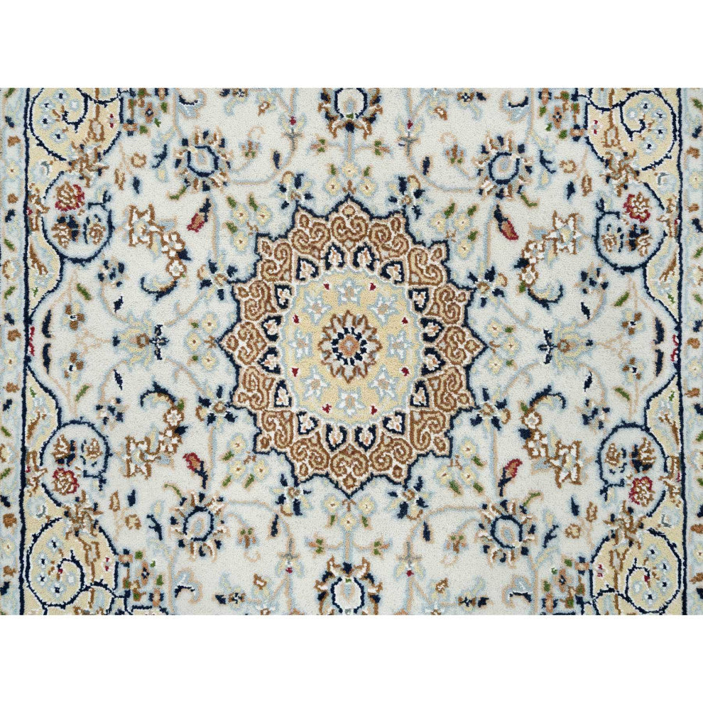 Ivory 250 KPSI Nain Flower Design Wool and Silk Hand Knotted Rug, 3'0"x3'1"