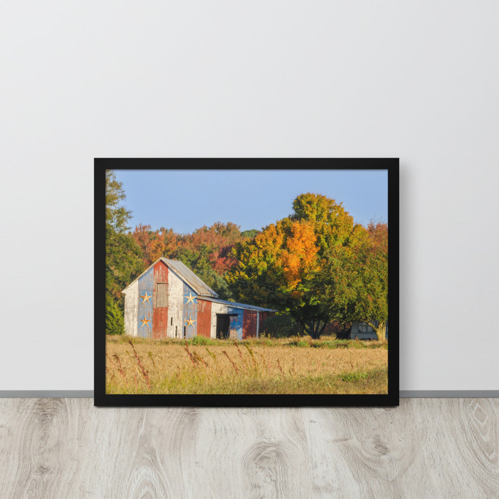Patriotic Barn in Field Rural Landscape Framed Photo Paper Wall Art Prints, Black, 16" X 20"