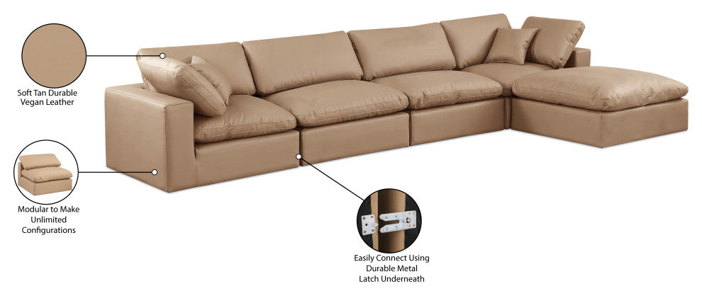 Comfy Upholstered L-Shaped Modular Sectional, Tan, 5-Piece: 2 Armless Chair, 2 Corner Chair, 1 Ottoman, Vegan Leather