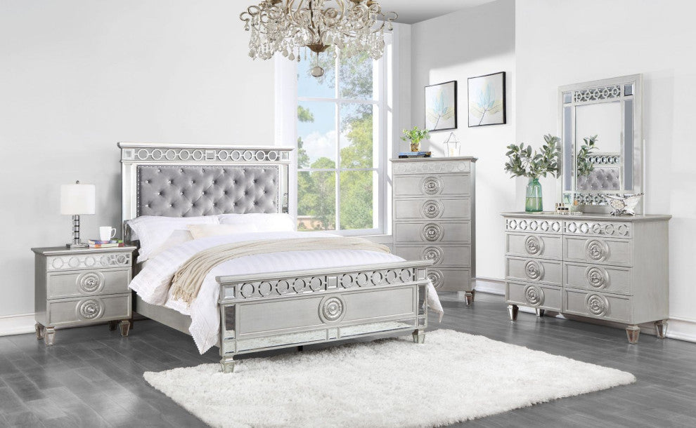 ACME Varian Full Bed, Gray Velvet, Silver and Mirrored Finish