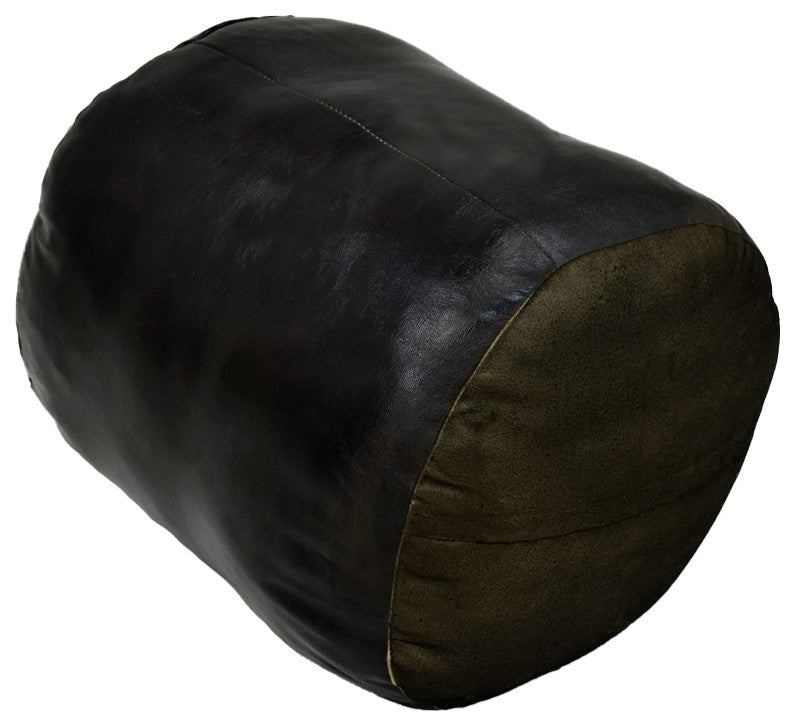 Pouf-Solid Handmade Leather Pouf (Recycled Foam with Fiber Fill), Chocolate Brown, (Round)16x16x16