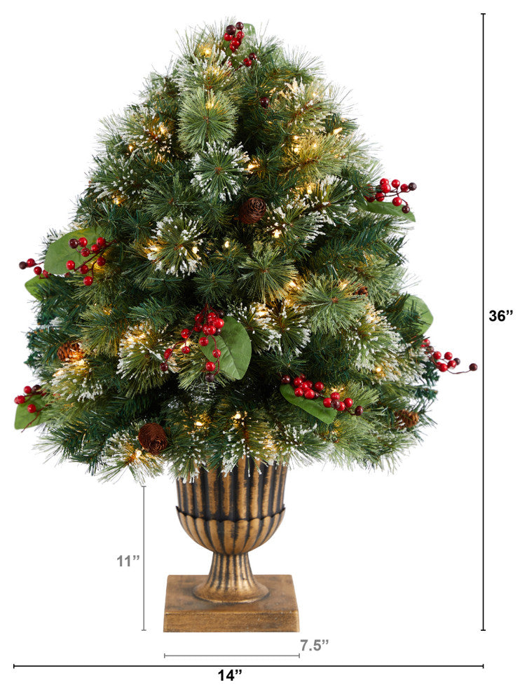 3' Holiday Pre-Lit Snow Tip Greenery, Berries and Pinecones Christmas Plant