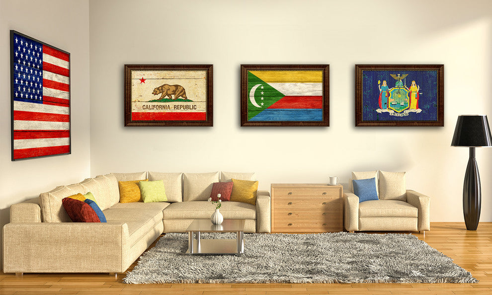Comoros Country Textured Flag Print With Brown Gold Frame, 15"X21"