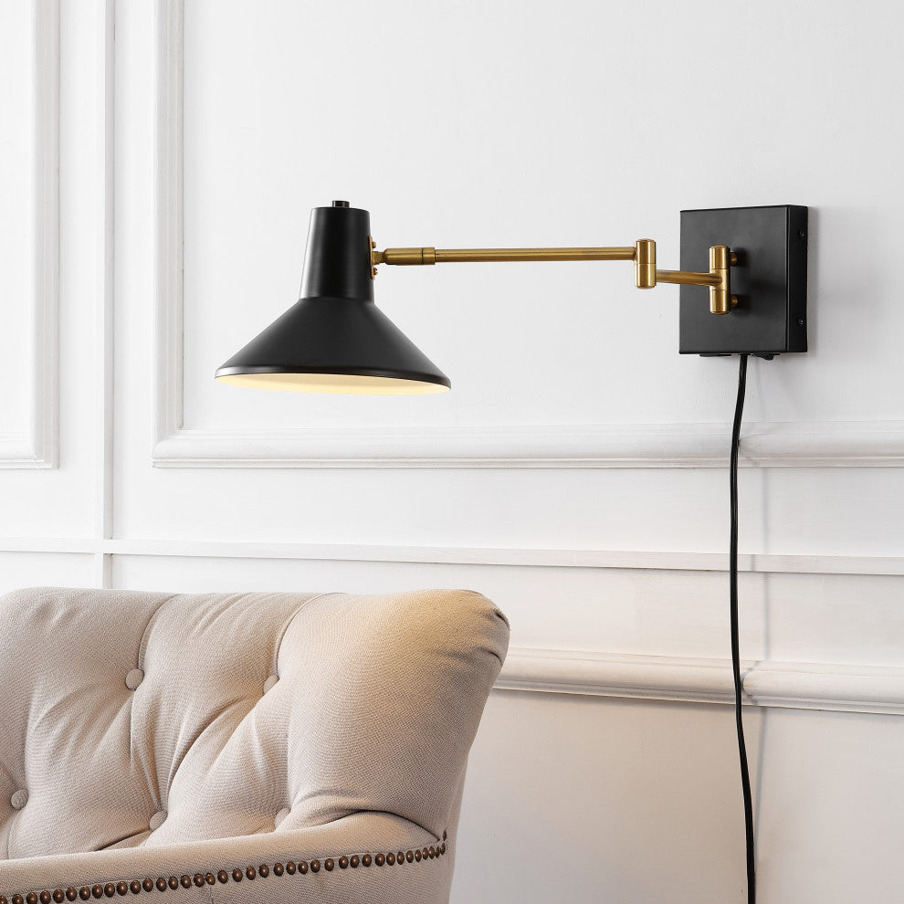 Hygge Swing Arm 1-Light Modern Midcentury Iron USB Charging Port LED Sconce, Bla