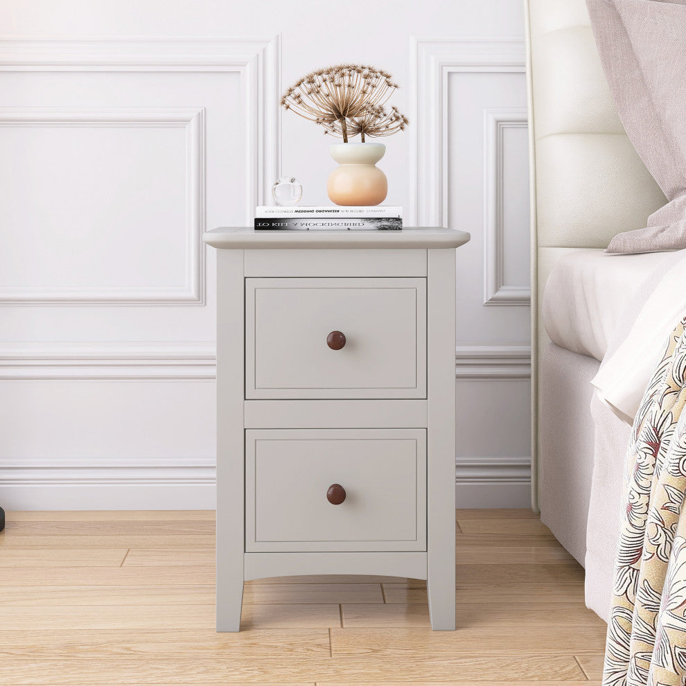 2 Drawers Solid Wood Nightstand End Table, Grey