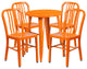 24" Round Orange Metal Indoor-Outdoor Table Set with 4 Vertical Slat Back Chairs
