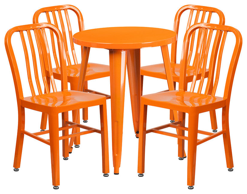 24" Round Orange Metal Indoor-Outdoor Table Set with 4 Vertical Slat Back Chairs
