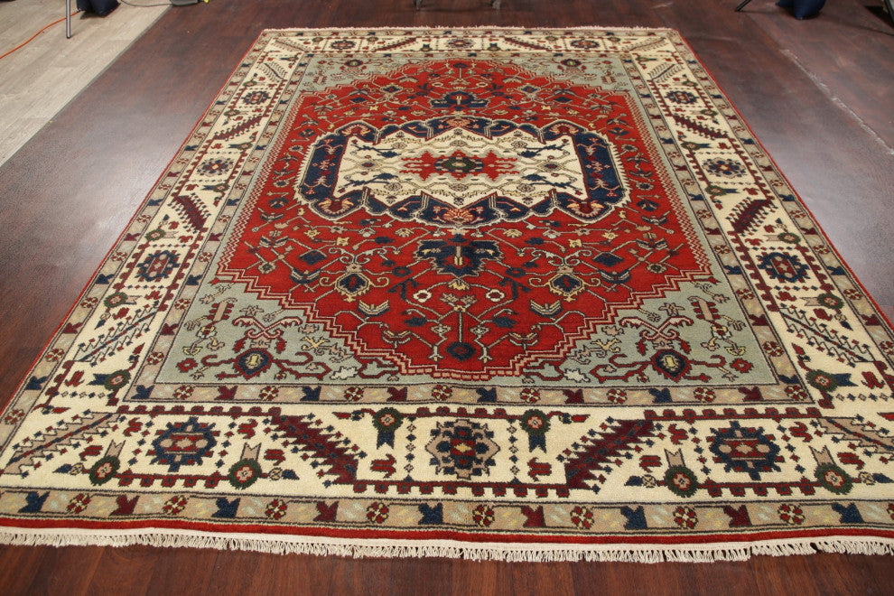 Traditional Heriz Oriental Hand-Knotted Indian Area Rug, Red, 10'1"x8'1