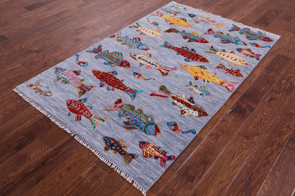Gabbeh Fish Design Hand-Knotted Wool Rug 4' 1" X 6' 4" - Q15339