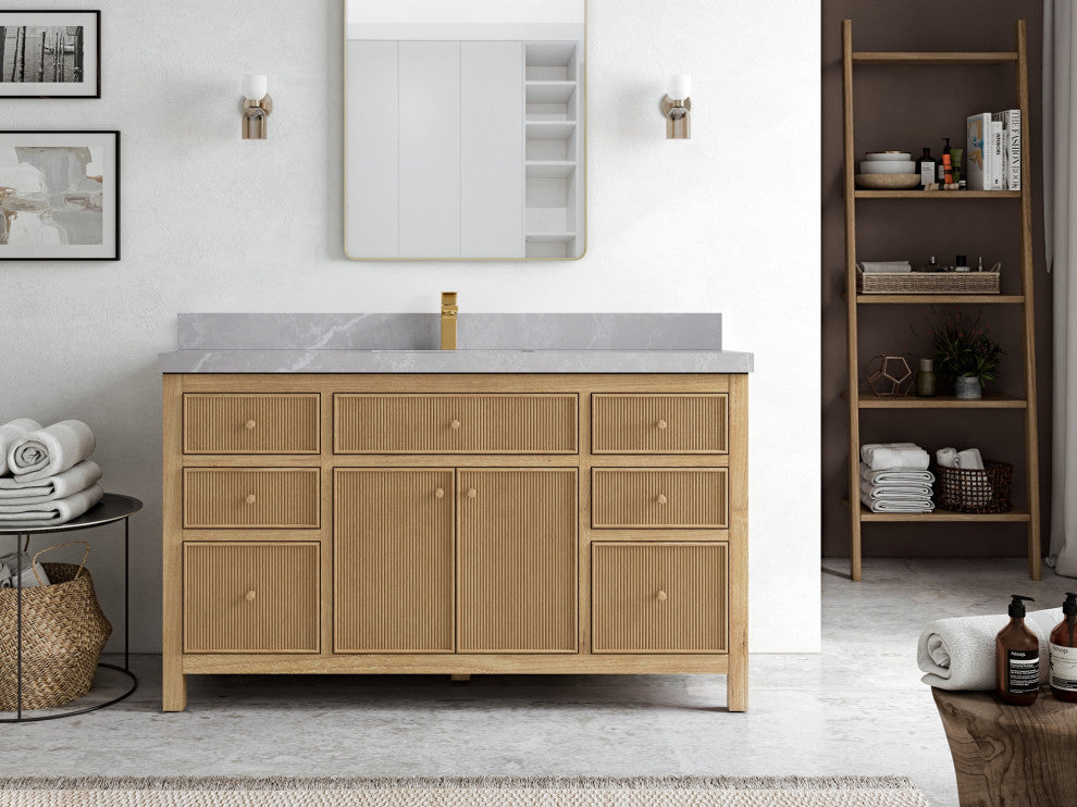 Sonoma Teak 60" Single Bath Vanity in Light  Natural With 2" Pearl Gray Quartz