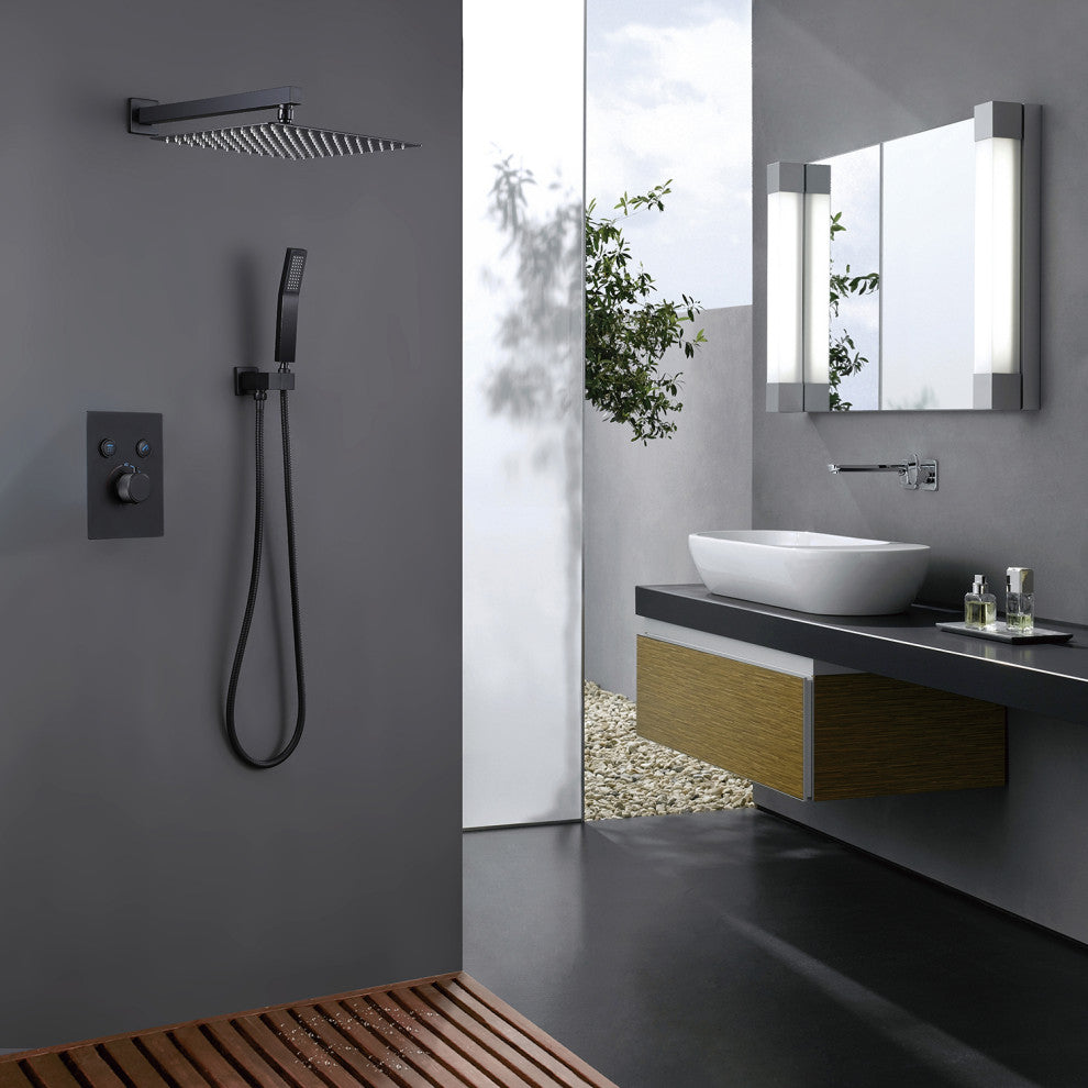 Luxury Wall Mounted Thermostatic Shower System With Rough-In Valve, Matte Black