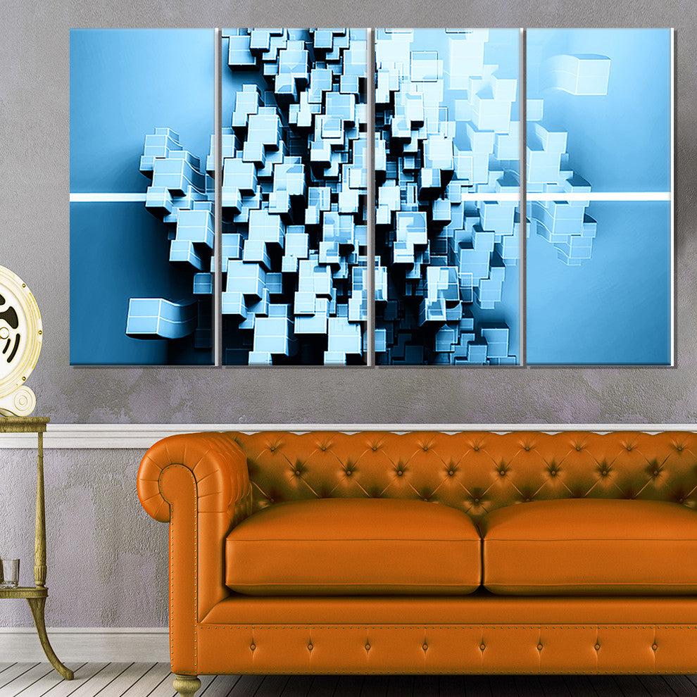 Blue 3D Cubes Fractal Design, Abstract Canvas Wall Art Print, 48"x28", 4 Panels