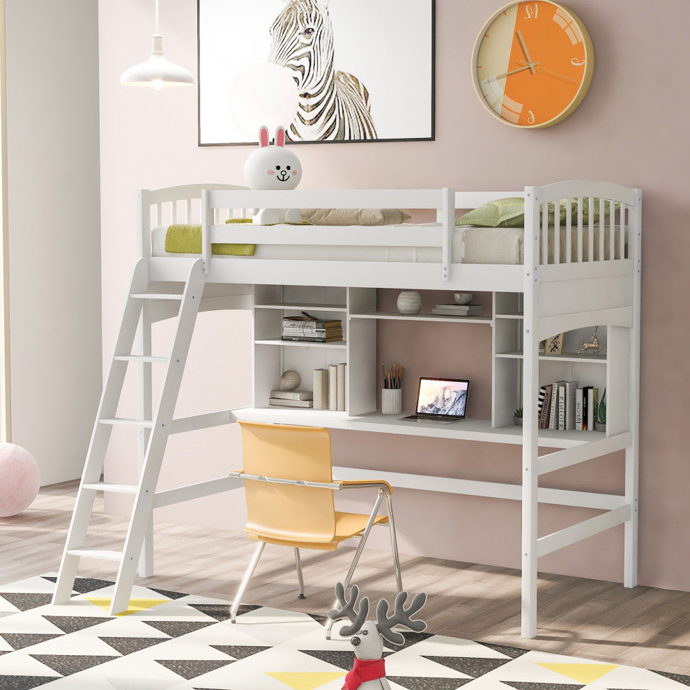 Gewnee Wood Twin Loft Bed with Storage Shelves, Desk and Ladder in White
