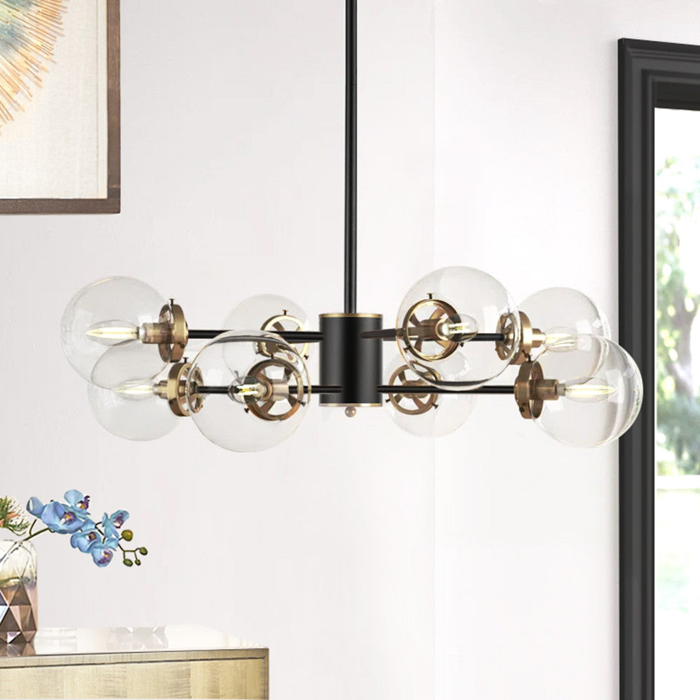 Modern 8-Light Sputnik Chandelier With Glass Globe Shades, Black, Clear Glass