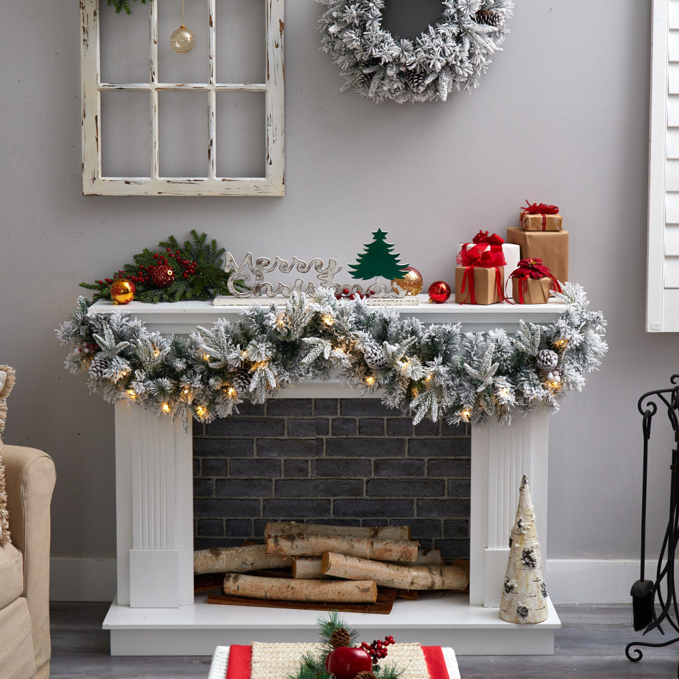 6' Flocked Faux Christmas Garland With Pine Cones and 35 Warm White LED Lights