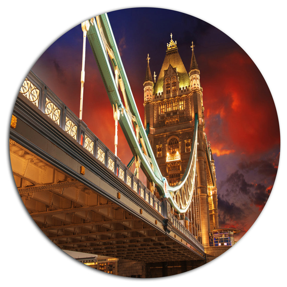Famous Tower Bridge At Night, Modern Cityscape Round Wall Art, 38"