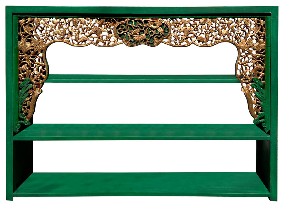 Chinese Green Golden Carving Rectangular Curio Display Stand Side Table Hcs7613