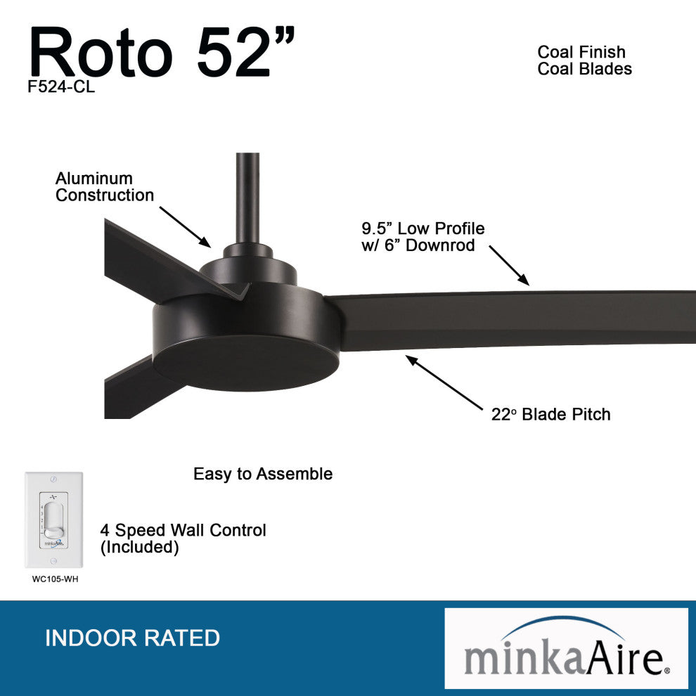 Minka Aire Roto 52" Ceiling Fan With 4-Speed Wall Control, Coal