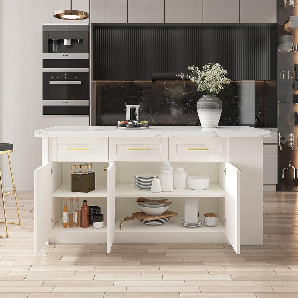 72" Large White Kitchen Island With Storage Modern Kitchen Cabinet, White, Laminate