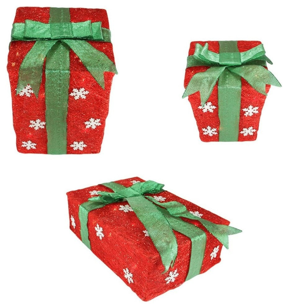 3-Piece Snowflake Sisal Gift Boxes Lighted Christmas Yard Decoration Set, Red
