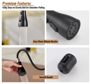 Single Handle Kitchen Sink Faucet Pull-Down Sprayer, 360 Swivel, 3 Functions, Matte Black+brushed Nickel