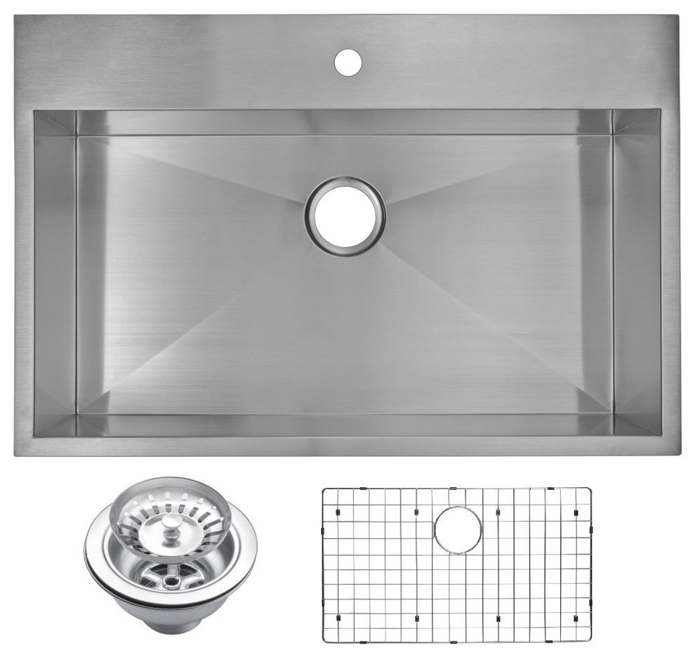 Zero Radius Single Bowl Drop In Sink With Drain, Strainer, And Bottom Grid