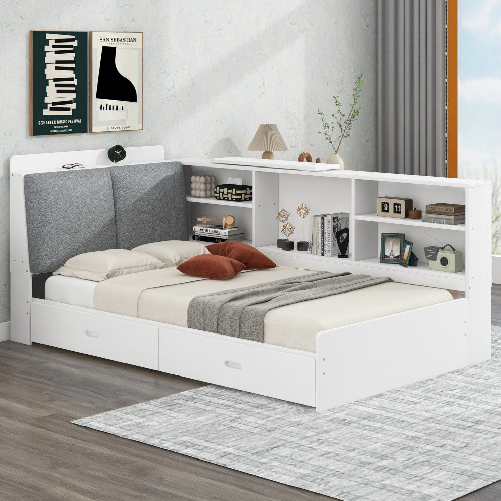 Gewnee Wood Twin Size platform bed with Storage Headboard