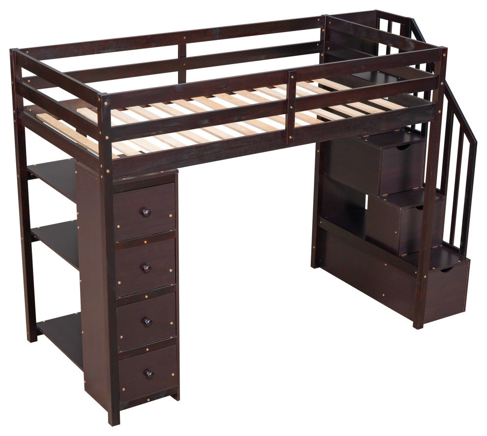 Gewnee Wood Twin Loft Bed with Storage Drawers and Stairs in Espresso