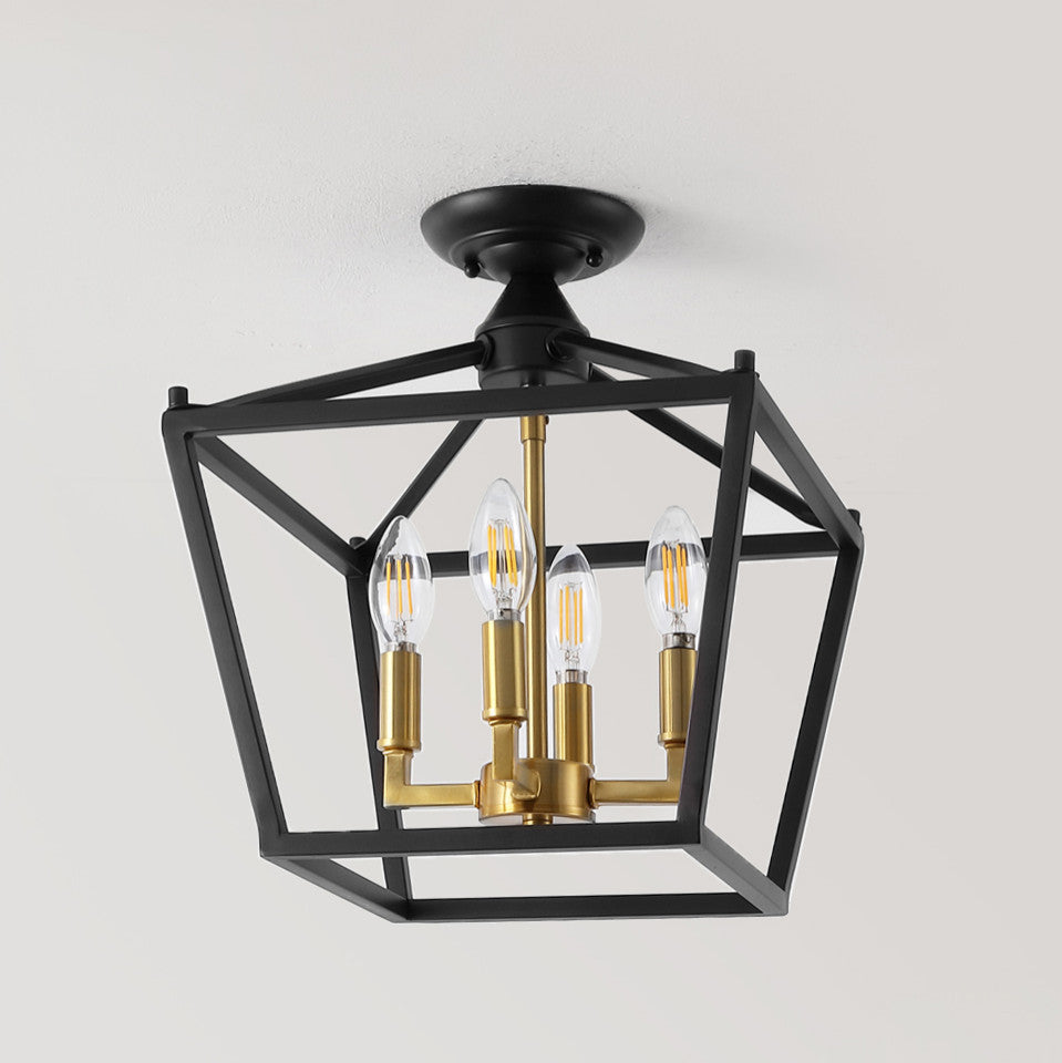 Mini Lantern 12" 4-Light Iron Farmhouse LED Flush Mount, Oil Rubbed Bronze/Gold