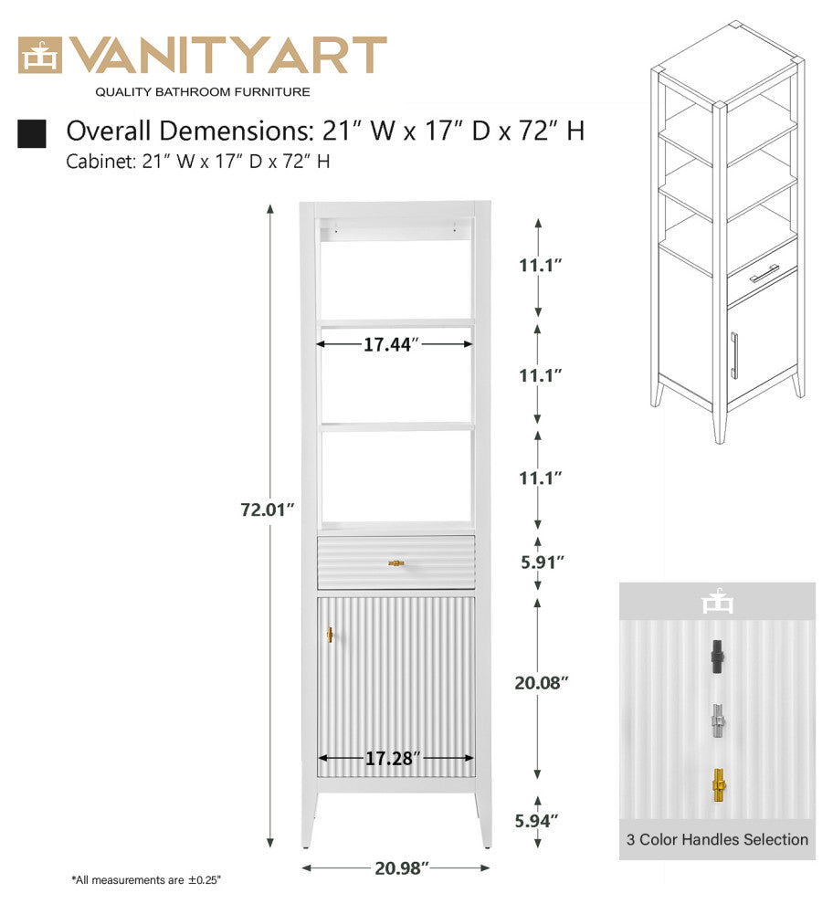 Vanity Art 21" Freestanding Linen Cabinet, Linear White, Brushed Nickel Handle